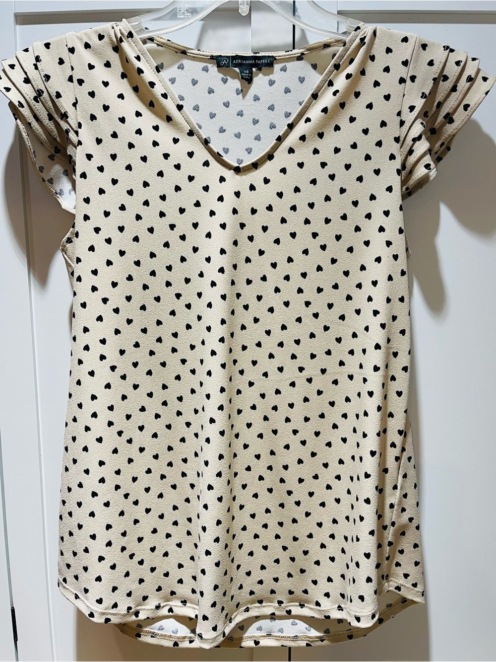 Adrianna Papell Cream Top with Black Heart Print V-Neck